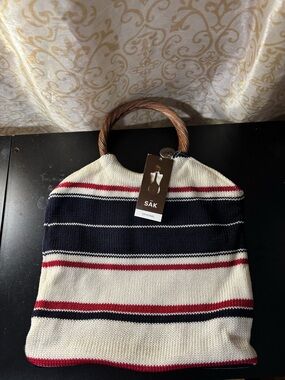 The SAK Striped Knit Tote Bag with Wooden Round Handles
